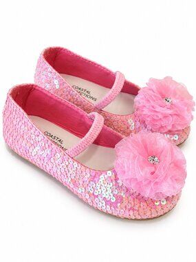 sz  0, 1, 3, 4, NEW Pink Sequin‎ Ballerina Flats w/Organza Flower Baby  Girls